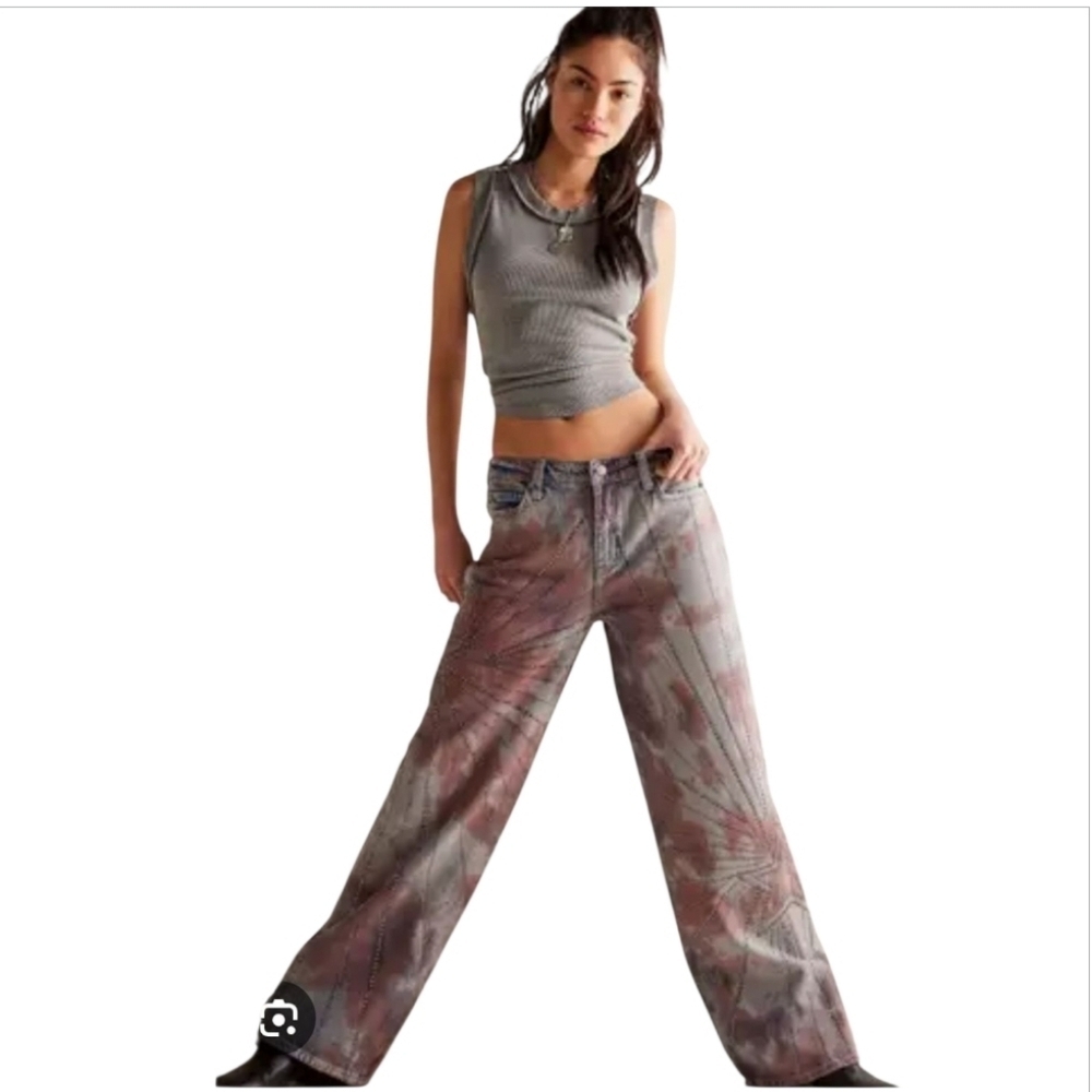 We The Free Mid-Rise Loose Straight Jeans Washed tie-dye Embellished NWT sz 27